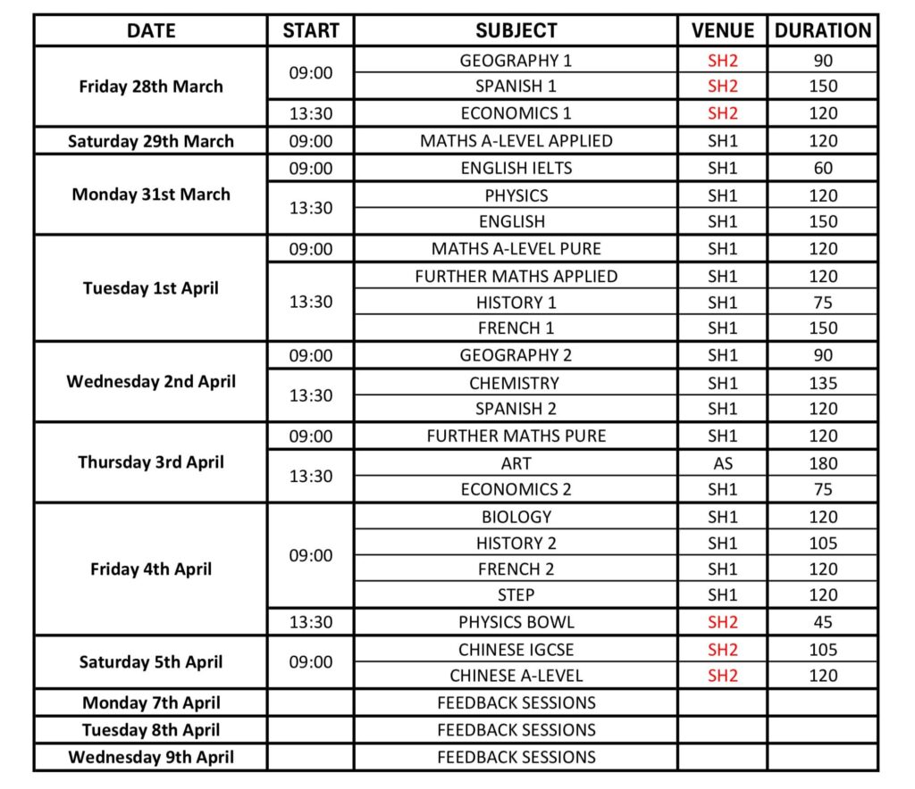 End of Term Testの時間割
