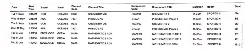 AS-levelの試験の時間割
